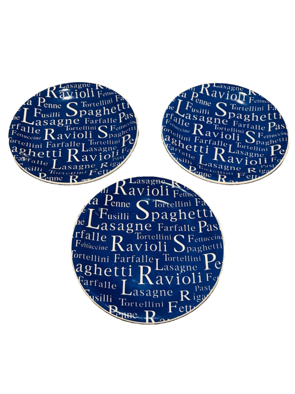 Lot of 3 Pasta Bowls Blue White Italian Typography Spaghetti Ravioli Large Salad